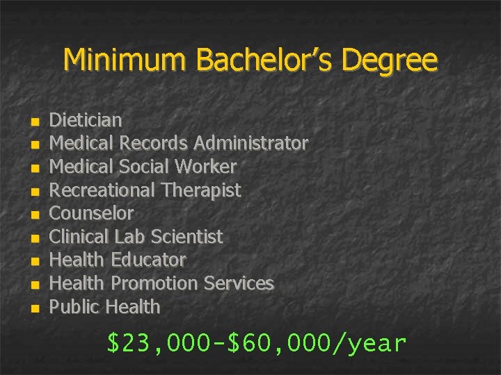 Minimum Bachelor’s Degree n n n n n Dietician Medical Records Administrator Medical Social