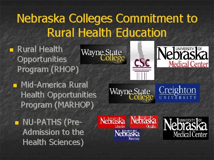 Nebraska Colleges Commitment to Rural Health Education Rural Health Opportunities Program (RHOP) n n