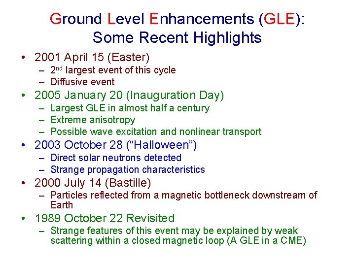 Ground Level Enhancements (GLE): Some Recent Highlights • 2001 April 15 (Easter) – 2