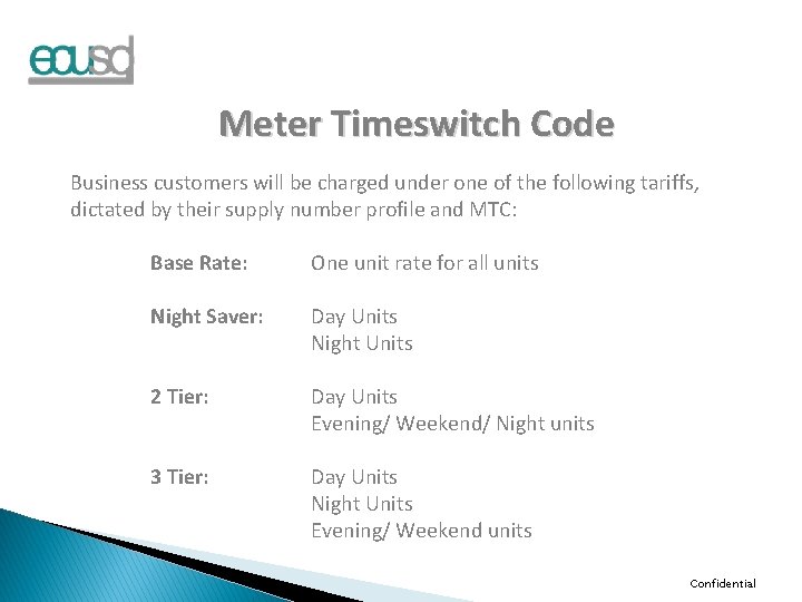 Meter Timeswitch Code Business customers will be charged under one of the following tariffs,