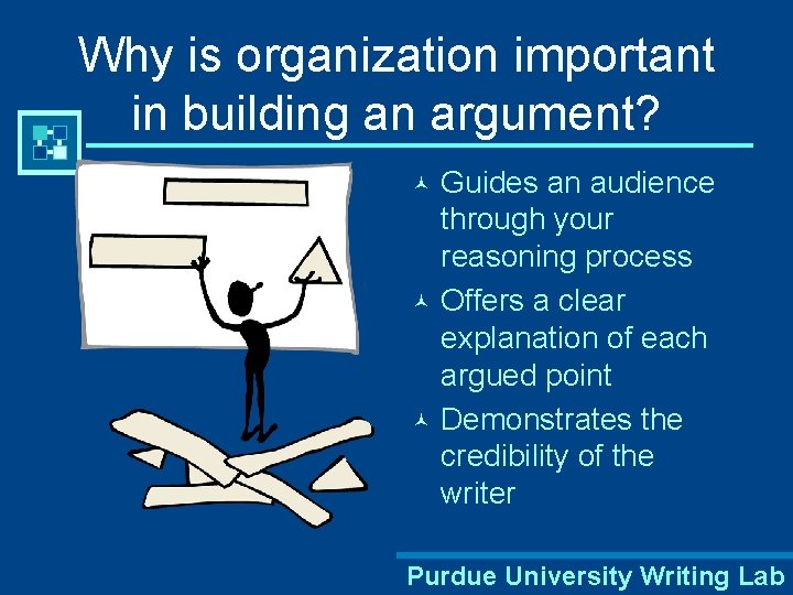 Why is organization important in building an argument? Guides an audience through your reasoning