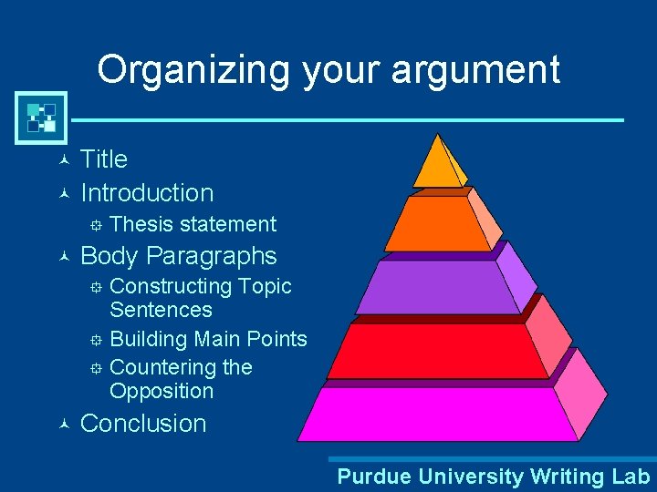 Organizing your argument Title © Introduction © ° © Thesis statement Body Paragraphs Constructing