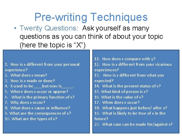 Pre-writing Techniques • Twenty Questions: Ask yourself as many questions as you can think