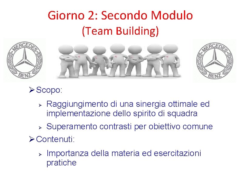 Giorno 2: Secondo Modulo (Team Building) Scopo: Raggiungimento di una sinergia ottimale ed implementazione