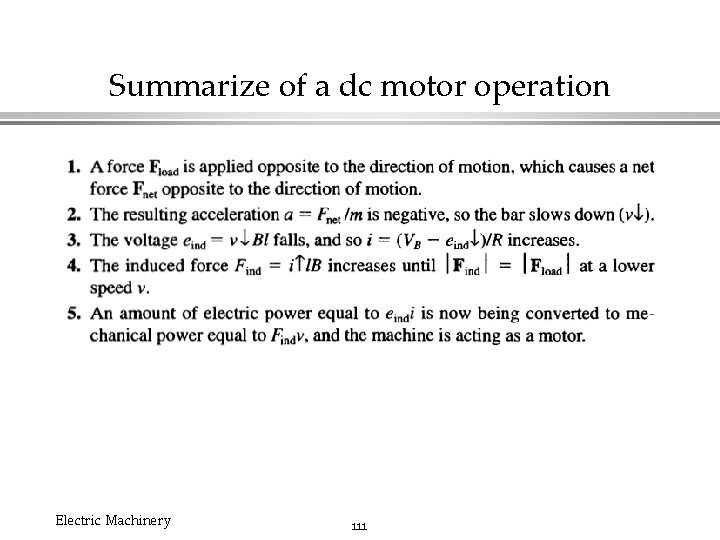 Summarize of a dc motor operation Electric Machinery 111 