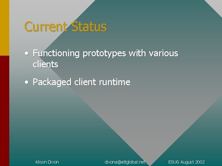 Current Status • Functioning prototypes with various clients • Packaged client runtime Alison Dixon