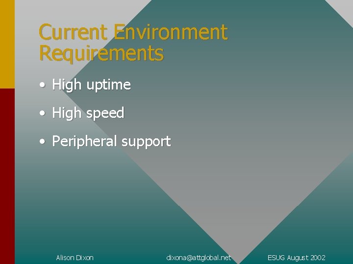 Current Environment Requirements • High uptime • High speed • Peripheral support Alison Dixon