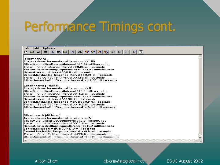 Performance Timings cont. Alison Dixon dixona@attglobal. net ESUG August 2002 