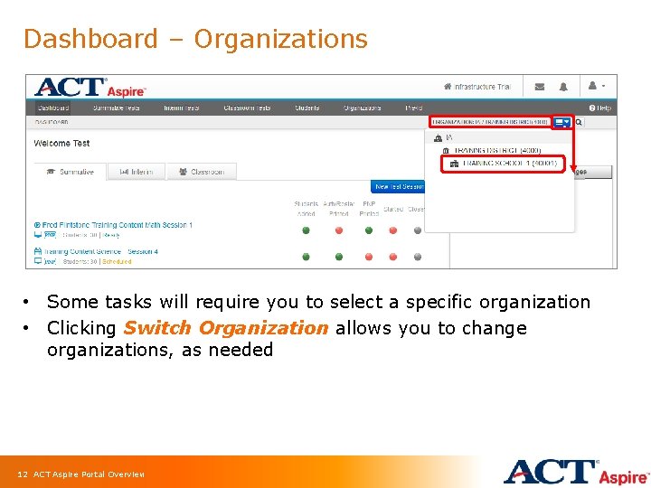 Dashboard – Organizations • Some tasks will require you to select a specific organization