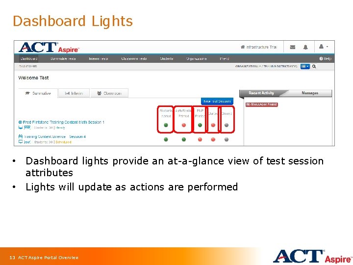 Dashboard Lights • Dashboard lights provide an at-a-glance view of test session attributes •