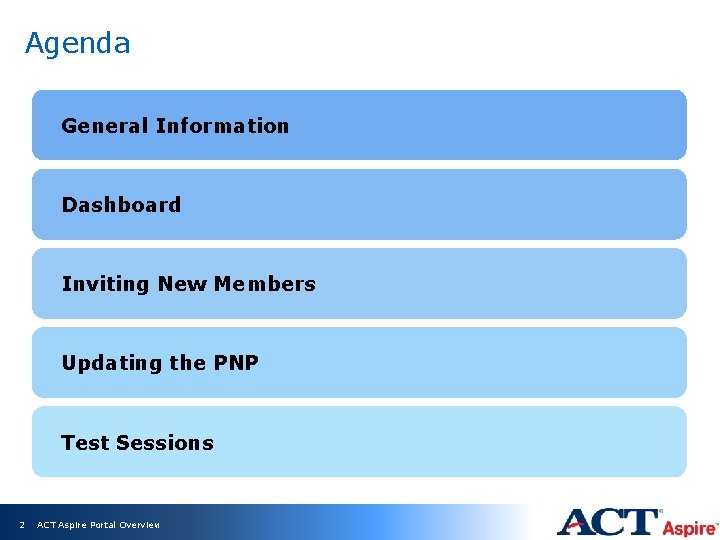 Agenda General Information Dashboard Inviting New Members Updating the PNP Test Sessions 2 ACT