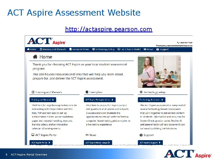 ACT Aspire Assessment Website http: //actaspire. pearson. com 8 ACT Aspire Portal Overview 