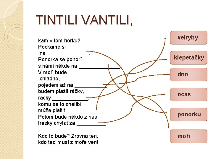 TINTILI VANTILI, kam v tom horku? Počkáme si na _______. Ponorka se ponoří s