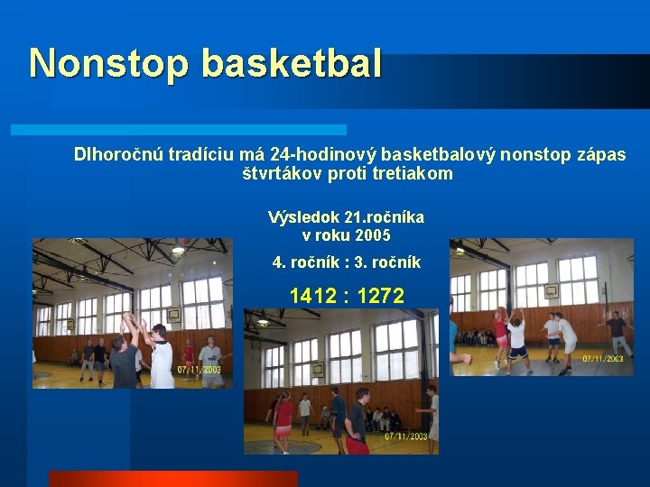 Nonstop basketbal Dlhoročnú tradíciu má 24 -hodinový basketbalový nonstop zápas štvrtákov proti tretiakom Výsledok