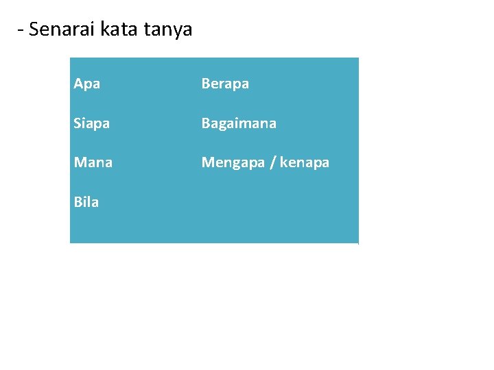 - Senarai kata tanya Apa Berapa Siapa Bagaimana Mengapa / kenapa Bila 