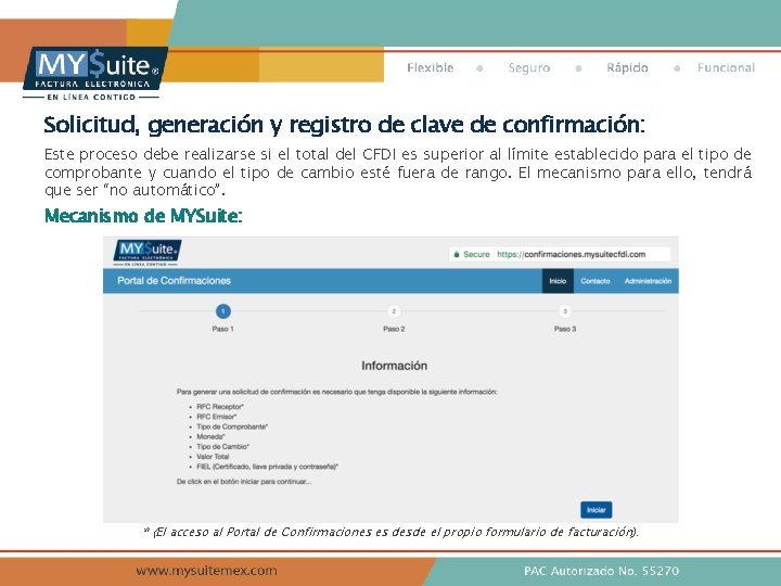 Solicitud, generación y registro de clave de confirmación: Este proceso debe realizarse si el