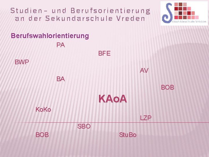 Studien– und Berufsorientierung an der Sekundarschule Vreden Berufswahlorientierung PA BFE BWP AV BA BOB