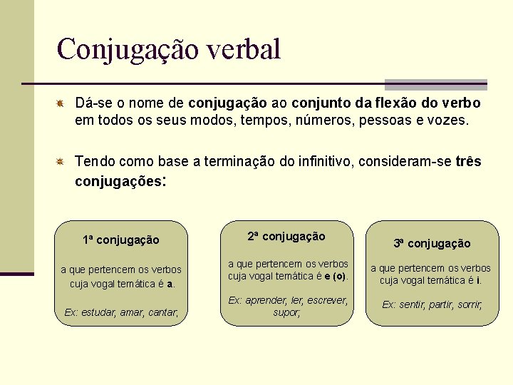 Conjugação verbal Dá-se o nome de conjugação ao conjunto da flexão do verbo em