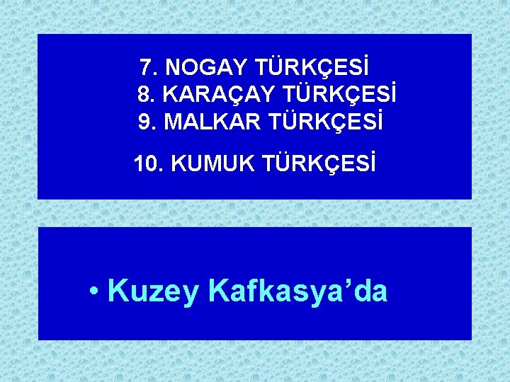 7. NOGAY TÜRKÇESİ 8. KARAÇAY TÜRKÇESİ 9. MALKAR TÜRKÇESİ 10. KUMUK TÜRKÇESİ • Kuzey