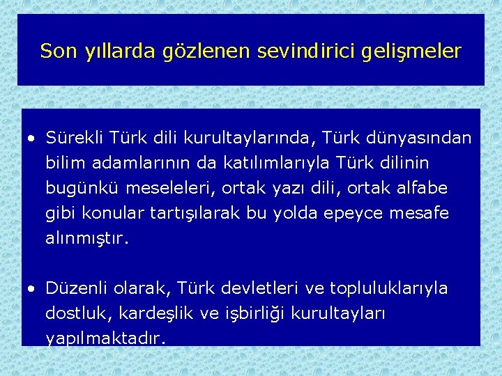 Son yıllarda gözlenen sevindirici gelişmeler • Sürekli Türk dili kurultaylarında, Türk dünyasından bilim adamlarının