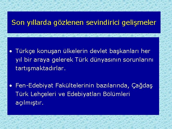 Son yıllarda gözlenen sevindirici gelişmeler • Türkçe konuşan ülkelerin devlet başkanları her yıl bir