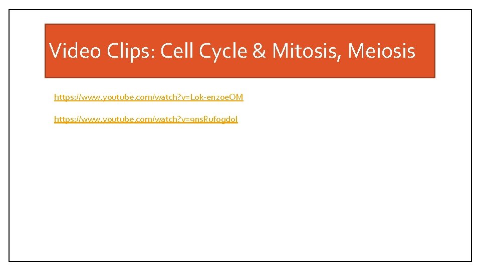 Video Clips: Cell Cycle & Mitosis, Meiosis https: //www. youtube. com/watch? v=L 0 k-enzoe.