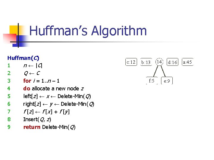 Huffman’s Algorithm Huffman(C) 1 n ← | C| 2 Q←C 3 for i =