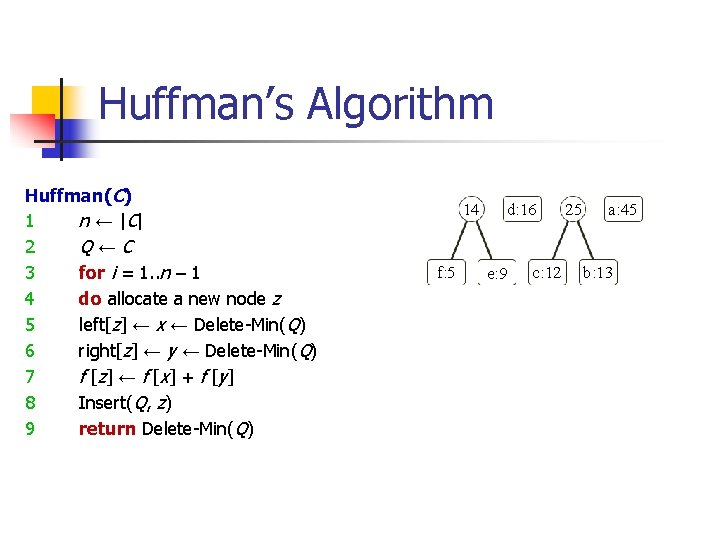 Huffman’s Algorithm Huffman(C) 1 n ← | C| 2 Q←C 3 for i =