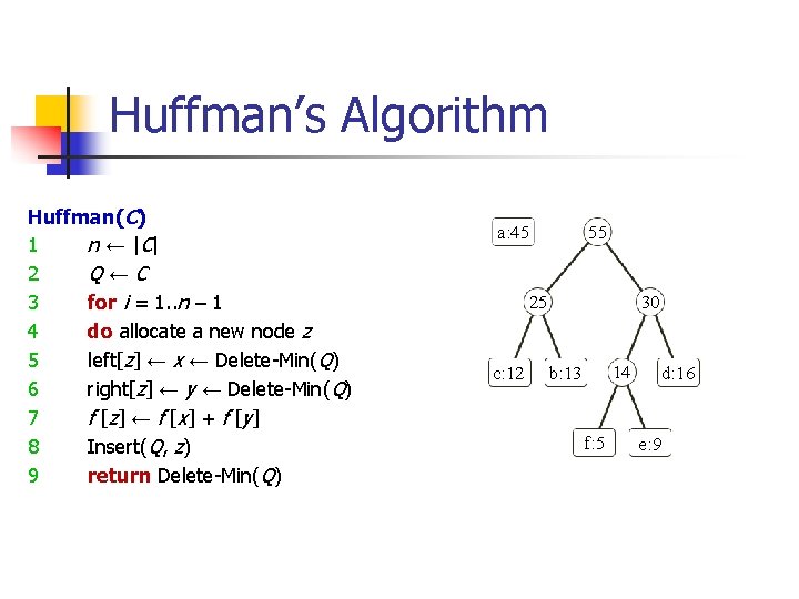 Huffman’s Algorithm Huffman(C) 1 n ← | C| 2 Q←C 3 for i =