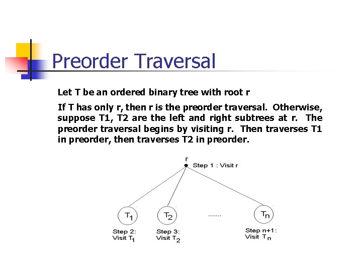 Preorder Traversal Let T be an ordered binary tree with root r If T