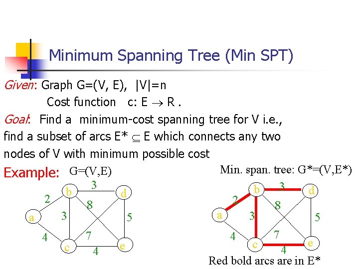 Minimum Spanning Tree (Min SPT) Given: Graph G=(V, E), |V|=n Cost function c: E