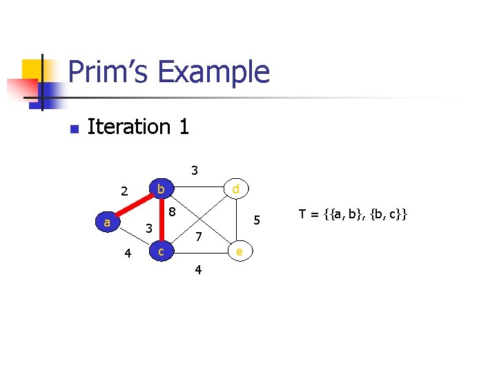 Prim’s Example n Iteration 1 3 b 2 d 8 a 3 4 c