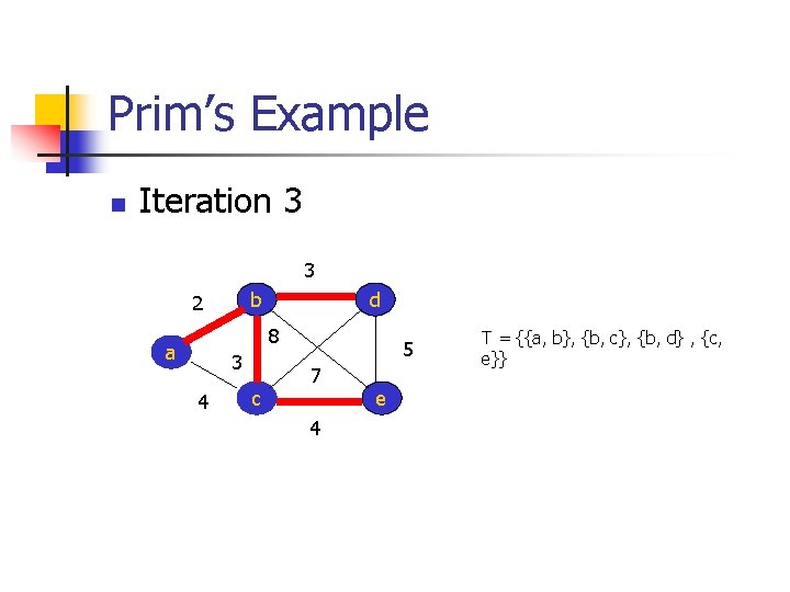 Prim’s Example n Iteration 3 3 b 2 d 8 a 3 4 c