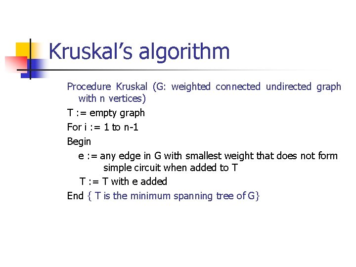 Kruskal’s algorithm Procedure Kruskal (G: weighted connected undirected graph with n vertices) T :