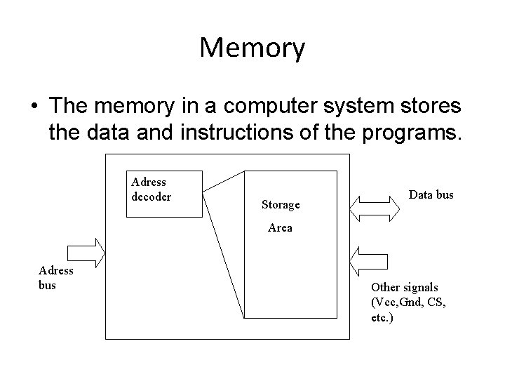 Memory • The memory in a computer system stores the data and instructions of