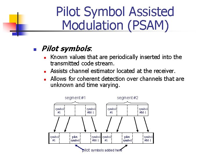 Pilot Symbol Assisted Modulation (PSAM) n Pilot symbols: n n n Known values that