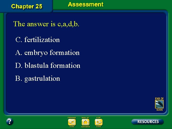 The answer is c, a, d, b. C. fertilization A. embryo formation D. blastula