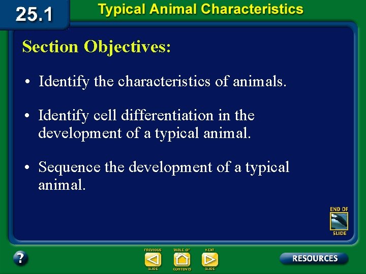 Section Objectives: • Identify the characteristics of animals. • Identify cell differentiation in the