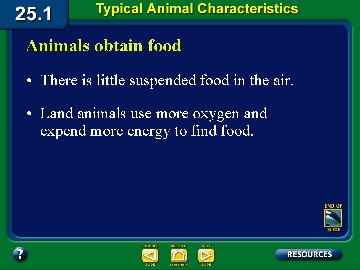 Animals obtain food • There is little suspended food in the air. • Land