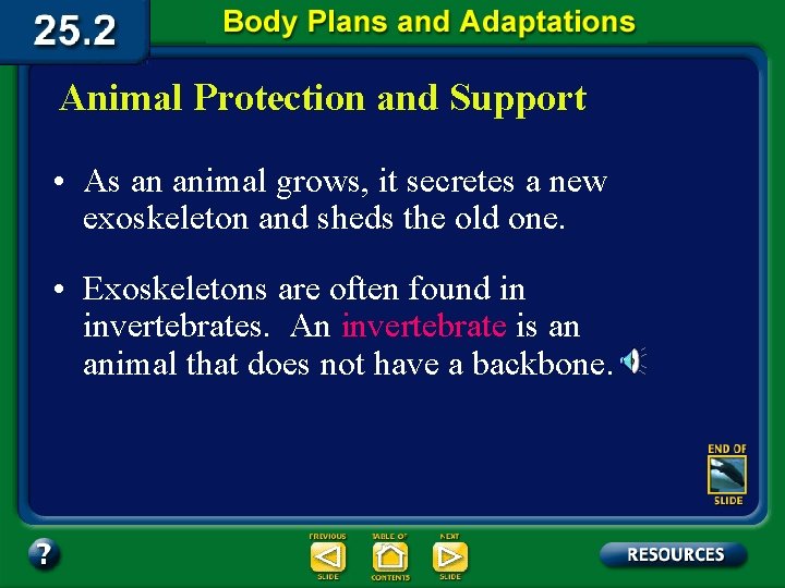 Animal Protection and Support • As an animal grows, it secretes a new exoskeleton