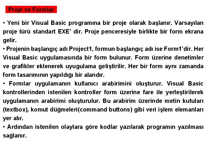 Proje ve Formlar • Yeni bir Visual Basic programına bir proje olarak başlanır. Varsayılan