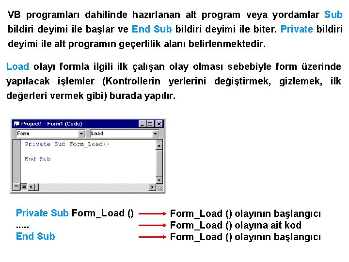 VB programları dahilinde hazırlanan alt program veya yordamlar Sub bildiri deyimi ile başlar ve