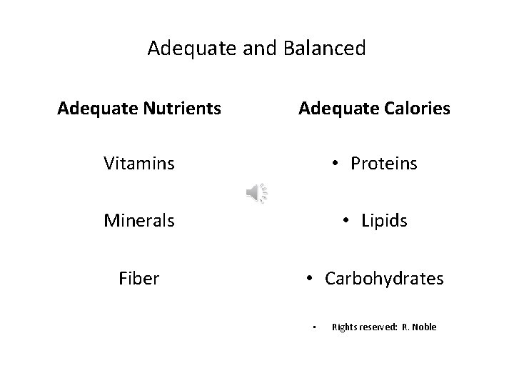 Adequate and Balanced Adequate Nutrients Adequate Calories Vitamins • Proteins Minerals • Lipids Fiber