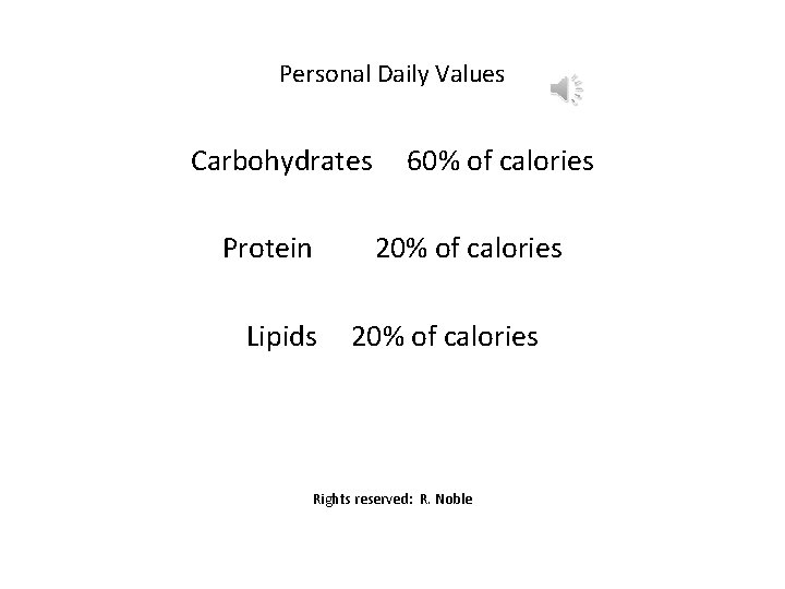 Personal Daily Values Carbohydrates Protein Lipids 60% of calories 20% of calories Rights reserved: Personal Daily Values Carbohydrates Protein Lipids 60% of calories 20% of calories Rights reserved: