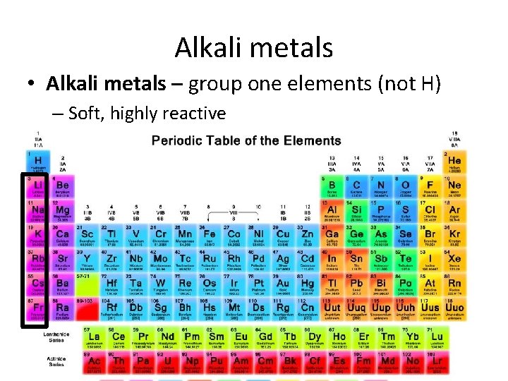Alkali metals • Alkali metals – group one elements (not H) – Soft, highly