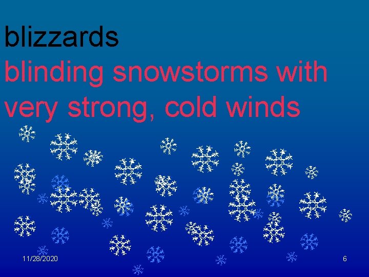 blizzards blinding snowstorms with very strong, cold winds 11/28/2020 6 