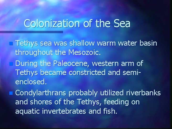 Colonization of the Sea Tethys sea was shallow warm water basin throughout the Mesozoic.