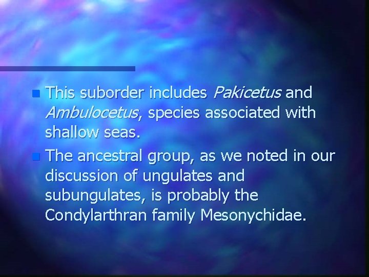 This suborder includes Pakicetus and Ambulocetus, species associated with shallow seas. n The ancestral