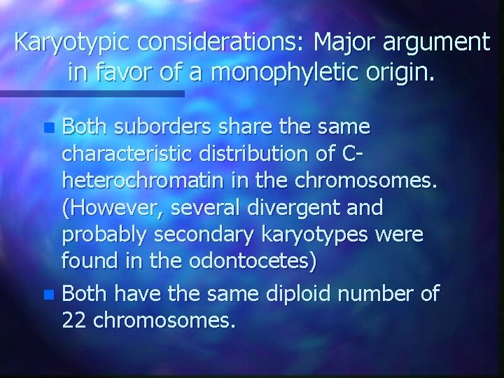 Karyotypic considerations: Major argument in favor of a monophyletic origin. Both suborders share the