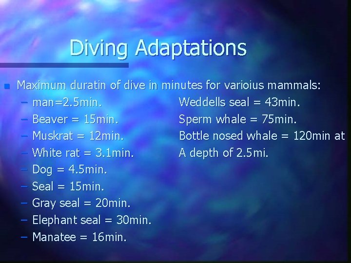 Diving Adaptations n Maximum duratin of dive in minutes for varioius mammals: – man=2.